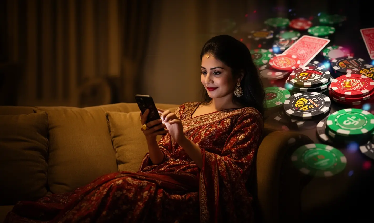 Stylish Bangladeshi woman relaxing on a sofa while using the 73BD casino app with glowing chips and cards behind her