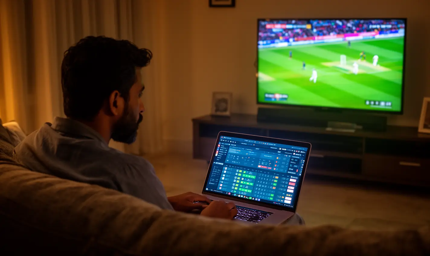 Experienced Bangladeshi sports bettor analyzing live cricket odds on a laptop with the 73BD betting interface while following a match on TV