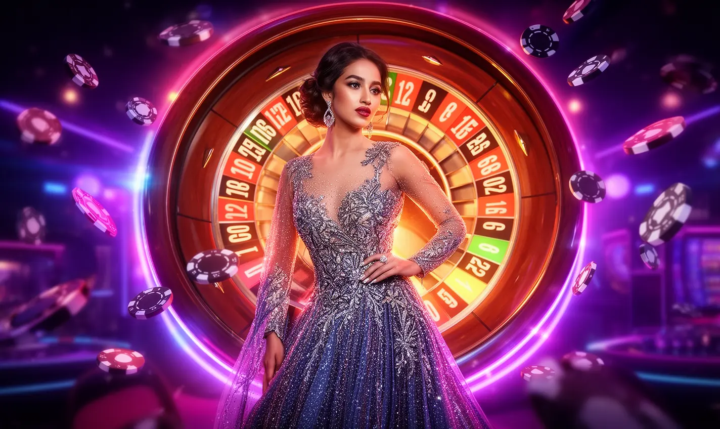 Glamorous casino hostess in a sparkling dress with flying chips and a glowing roulette wheel highlighting the premium bonus experience at 73BD for players in Bangladesh