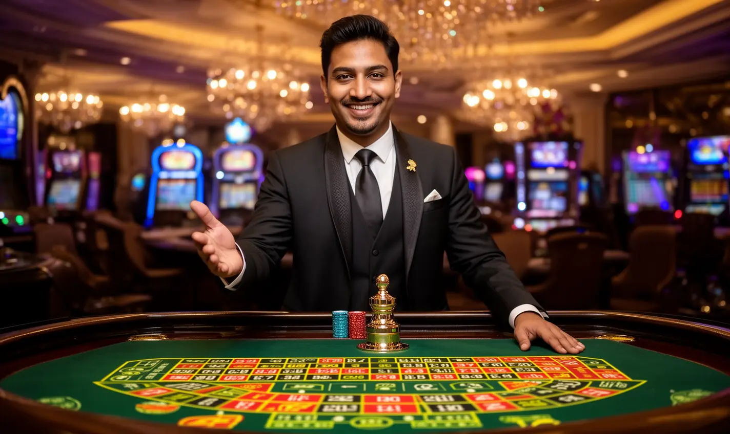 Smiling live casino host at a roulette table with vibrant lights and a glamorous atmosphere highlighting the premium live gaming experience at 73BD for players in Bangladesh