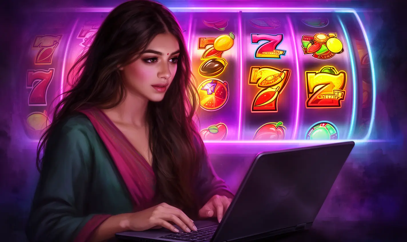 Focused woman playing digital casino games on a laptop with vibrant neon slot machine lights in the background representing modern online gaming at 73BD Bangladesh