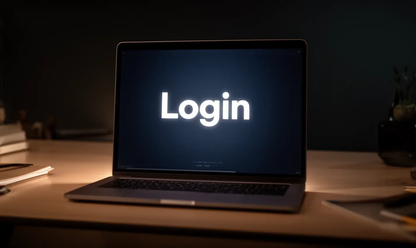 Modern laptop on a dark desk displaying the 73BD login screen with a glowing interface for secure access in Bangladesh