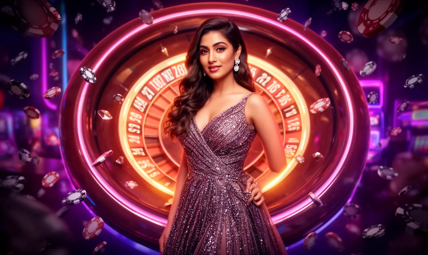 A glamorous woman in a sparkling evening dress standing before a glowing roulette wheel with flying casino chips representing the excitement and luxury of 73BD casino in Bangladesh