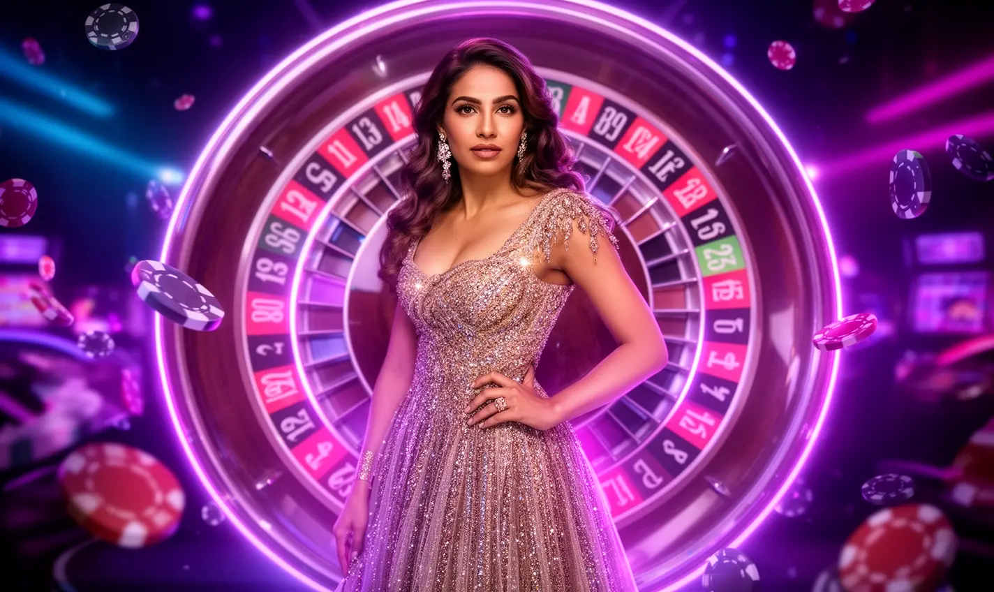 A glamorous casino model in a sparkling dress posing before a neon roulette wheel with flying chips, highlighting the immersive casino atmosphere of 73BD for players in Bangladesh