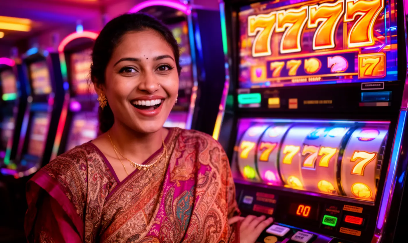 Smiling woman enjoying immersive slot gameplay with glowing 777 symbols on the screen at 73BD casino in Bangladesh